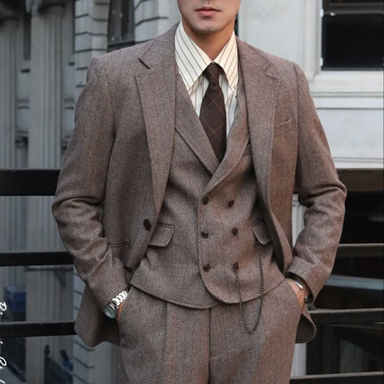 Color: green, Size: S - Tweed Herringbone 3 Pieces Herringbone Men's Business Suits Single Breasted Slim Fit Groom  Formal Suits?€Blazer+vest+Pants?‰