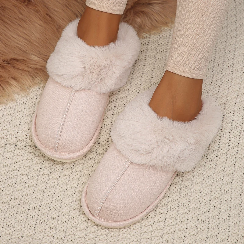 Color: Beige, Shoe Size: 40 - Closed Toe Warm Cotton Slippers Women Faux Fur Thicken Plush Winter Home Shoes Woman Lightweight Casual Indoor Slides Female