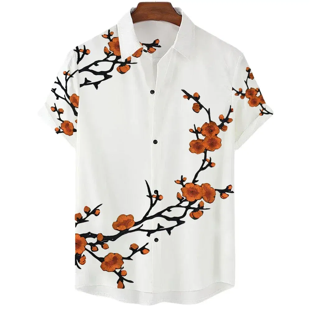 Color: Gold, Size: XL - Fashionable Luxury Social men's Shirt Lapel button-down Shirt Casual Japanese Aesthetic Cherry Blossom Print short-sleeved Tops