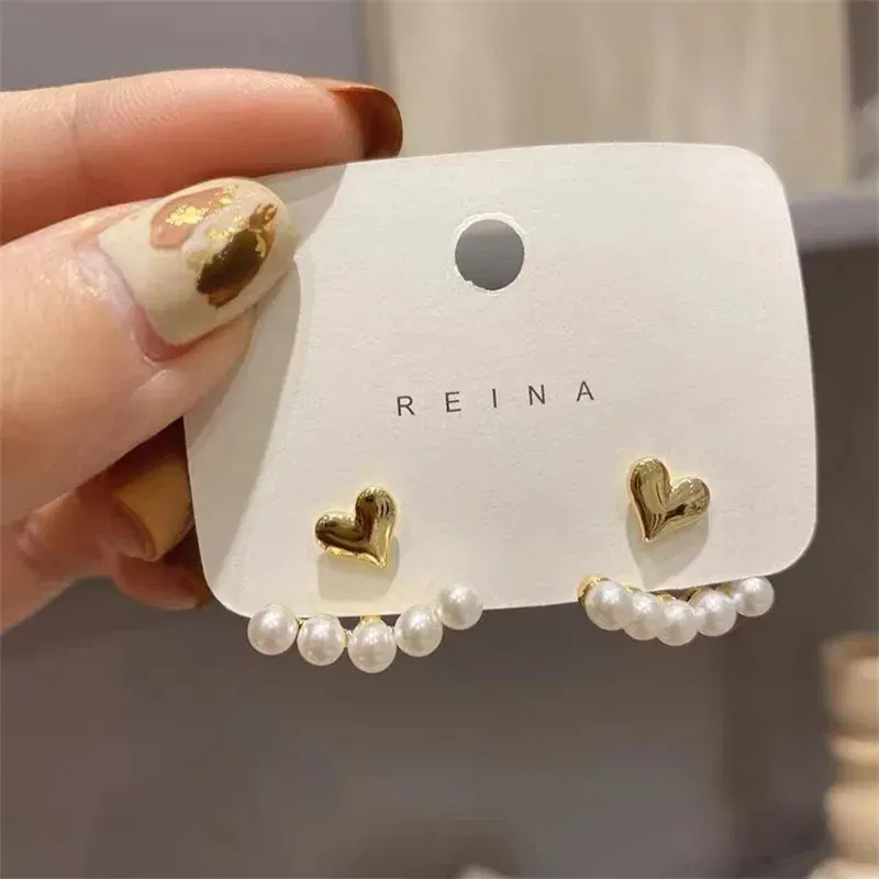 Metal Color: Gold-color - Imitation Pearl Stud Earrings For Women Alloy Heart Double Sides Back Post Hanging Ear Cuff Valentine's Day Jewelry Girl Gift