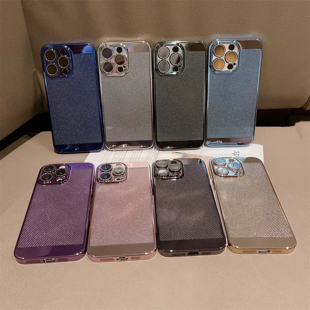 Color: Sky blue, Material: PU - Luxury Plating Hollowed Out Case for iPhone 12 13 Mini 11 14 Pro Max X XR Xs Max 7 8 Plus Heat Dissipation Shockproof Lens Cover