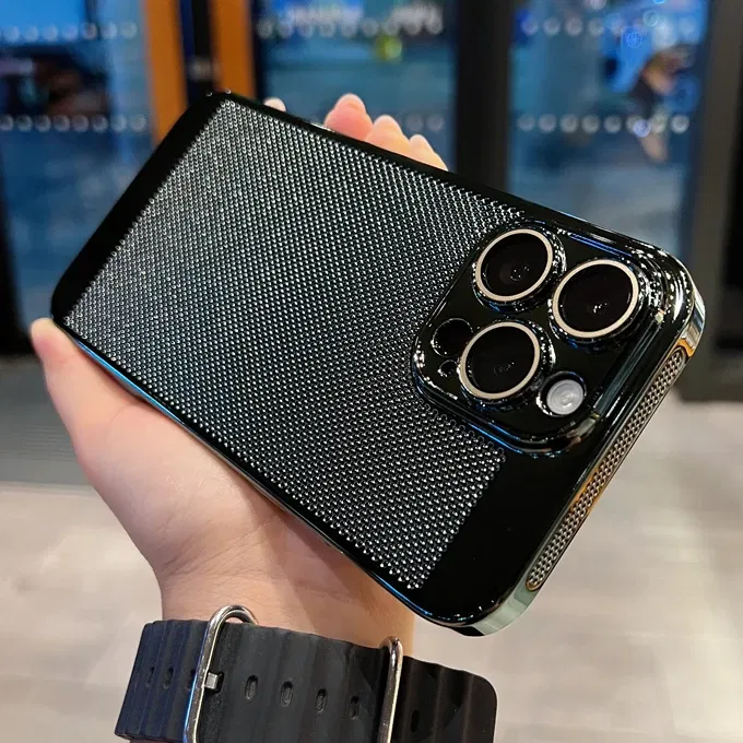 Color: Sky blue, Material: PU - Luxury Plating Hollowed Out Case for iPhone 12 13 Mini 11 14 Pro Max X XR Xs Max 7 8 Plus Heat Dissipation Shockproof Lens Cover