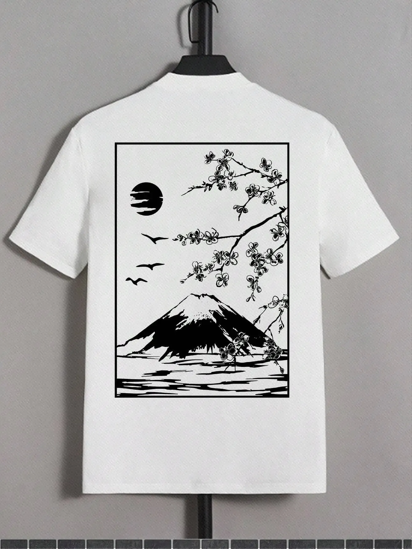 Color: Beige, Size: XXXL - Tokyo Sakura Mount Fuji Business Card T Shirt Men Fashion Tee Clothing Cotton Summer Casual Tops Hip Hop Loose Cotton T-Shirt