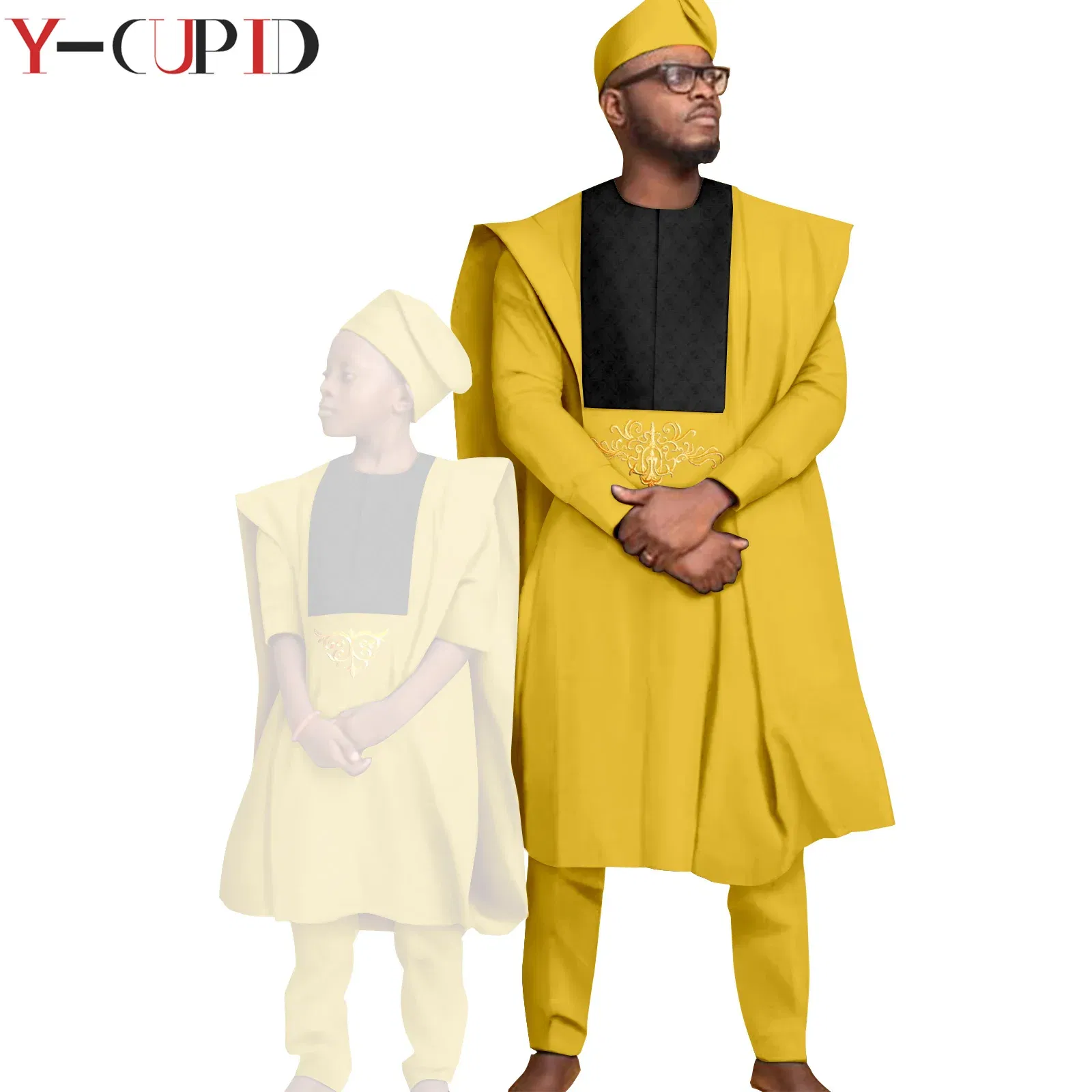 Color: Khaki, Size: XXL - African Clothes for Men Top Pants Robes Hat Sets Match Kid Boy Sets Dashiki Father and Son Bazin Riche Family Outfits Y20F001