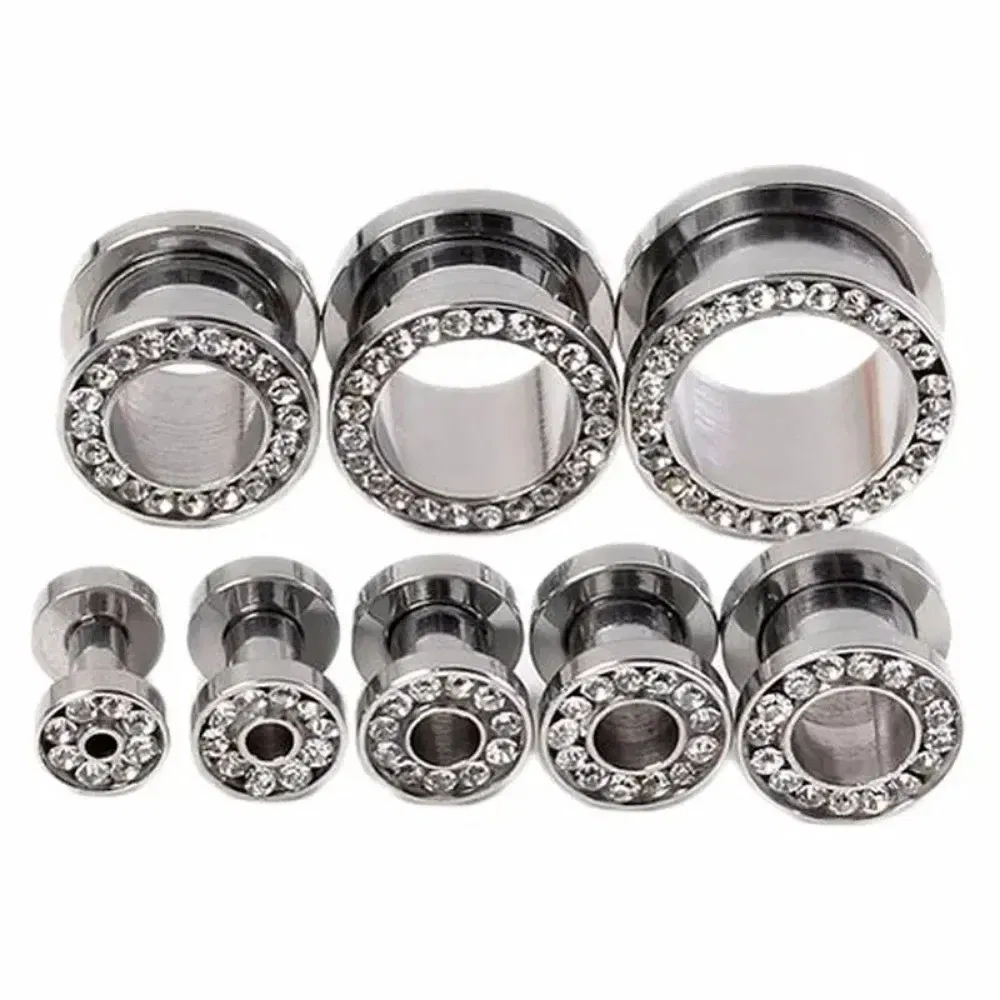 Metal color: ROSE GOLD COLOR, Main Stone Color: GRAY - 2pc Steel Multicolour Crystal Ear Plug Flesh Tunnel 8g ( 3mm ) - 1" ( 25mm ) Gauge Expander Stretcher Screw Fit
