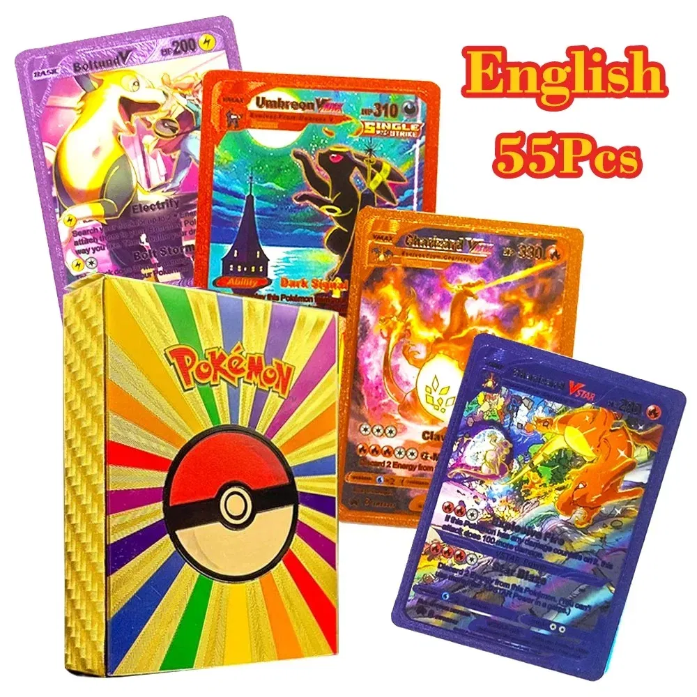 Color: Clear - 55PCS Pokemon Colorful Gold Foil Card Charizard Pikachu Arceus Diamond Rainbow English French German Spanish VSTAR GX VMAX Cards