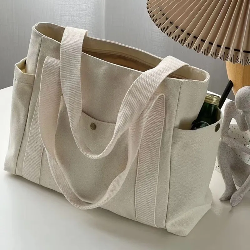 Color: Beige - Large Capacity Canvas Tote Bags For Work Commuting Carrying Handbag College Style Student Outfit Book Shoulder Bag Women Bags
