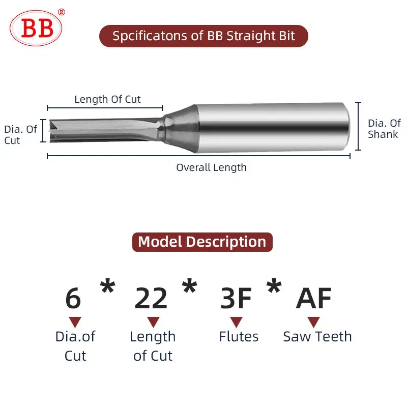 Cutting Edge Length: 26mm, Dimensions: 3.175*1*3 - BB Straight Slot Milling Cutter CNC Wood Engraving Machine Mill Rough Shape TCT Coated Edge D 6mm 8mm 2T 3T 4F Shank 1/2 12.7mm