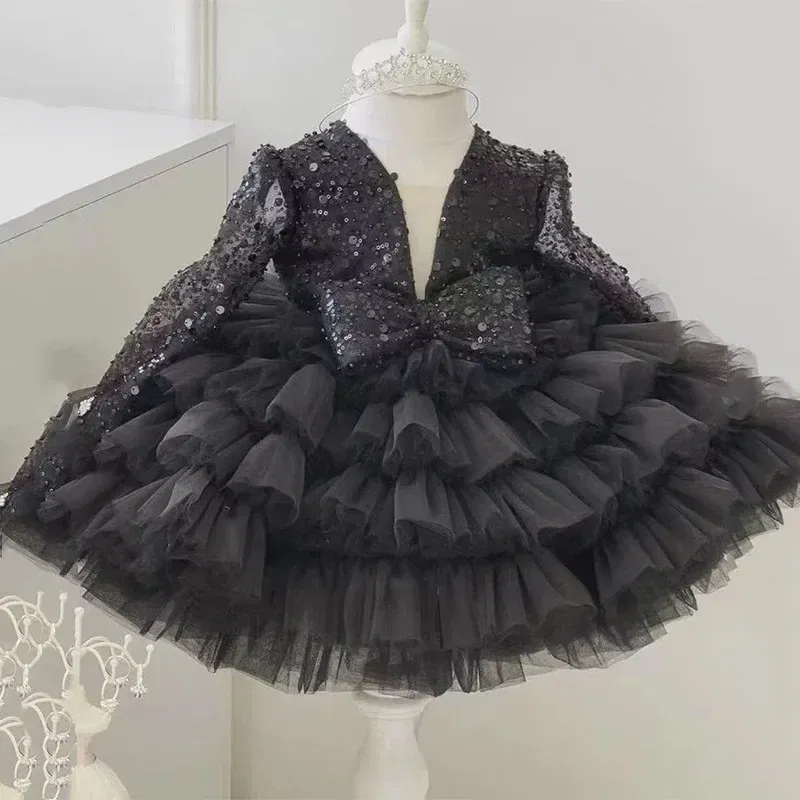 Kid Size: 4T, Color: GRAY - 2-12 years old  sequin long-sleeved dress girl puffy dress girl lace birthday wedding flower girl bow performance dress