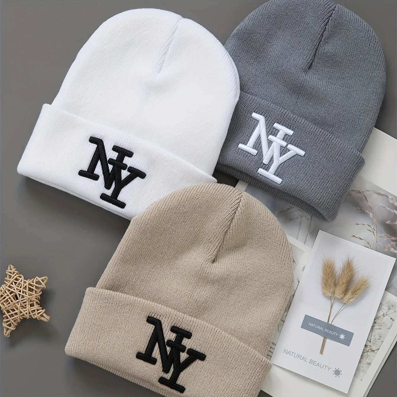 Color: Sandstone - 1/2/3pcs Unisex Winter Beanie Hats, Solid Color Knitted Warm Outdoor Caps with Embroidered NY Logo, Hand Washable, Black