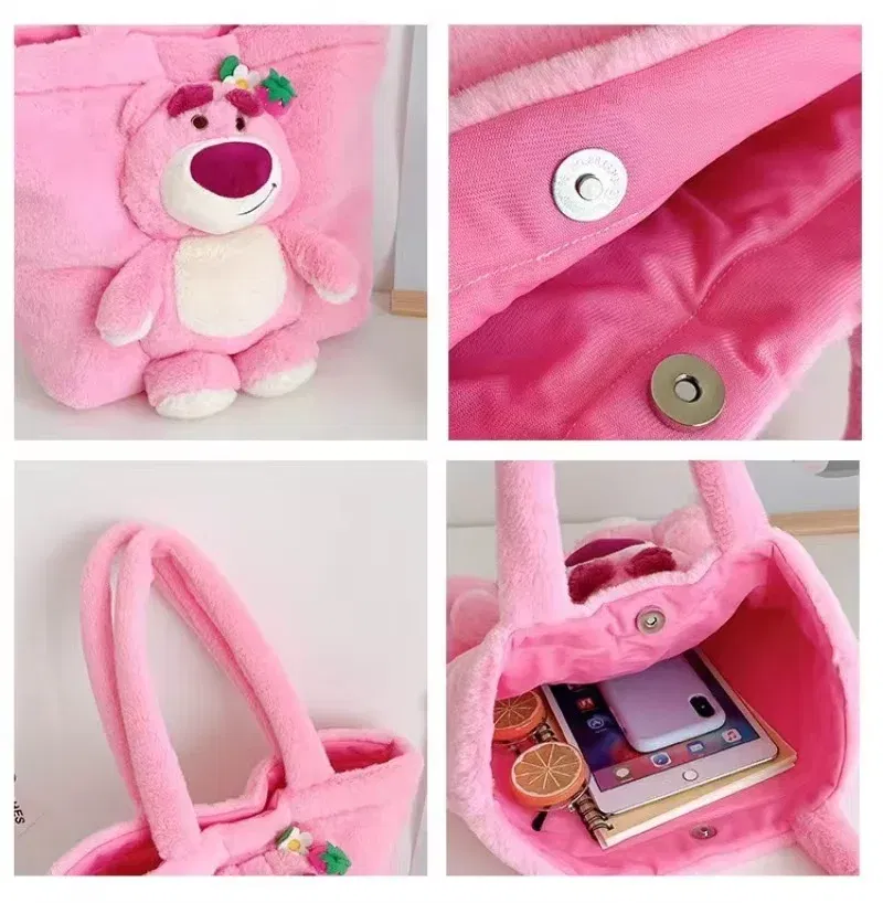 Color: Beige, Size: Extra Large - Disney 2024 New Cartoon Plush Doll Shoulder Bag Sweet and Cute Stitch Strawberry Bear Soft Cute Girls Handbag