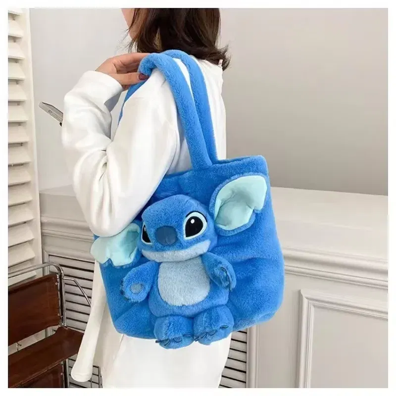 Color: Beige, Size: Extra Large - Disney 2024 New Cartoon Plush Doll Shoulder Bag Sweet and Cute Stitch Strawberry Bear Soft Cute Girls Handbag