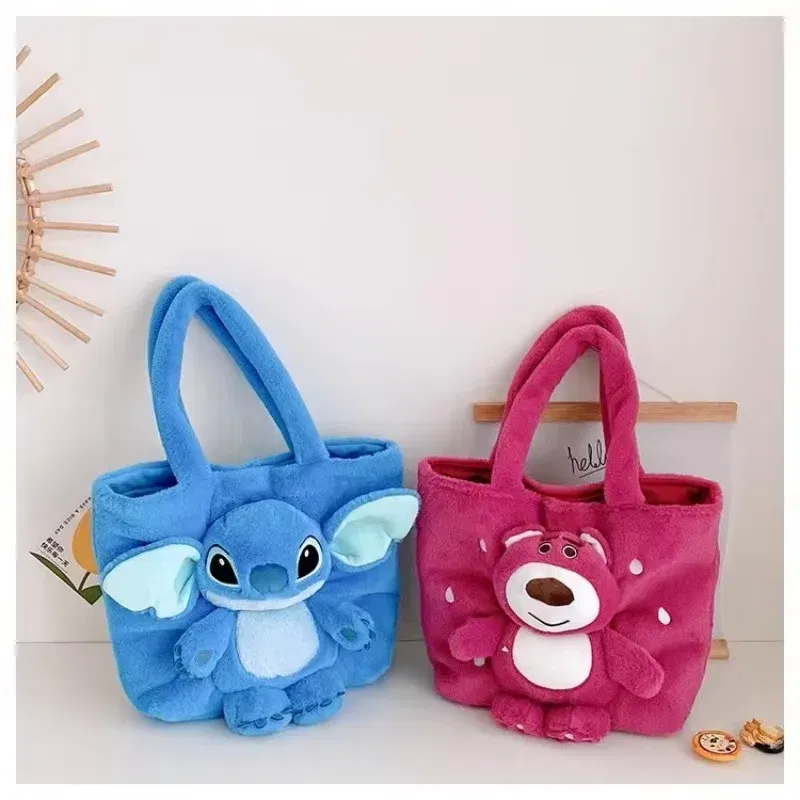 Color: Beige, Size: Extra Large - Disney 2024 New Cartoon Plush Doll Shoulder Bag Sweet and Cute Stitch Strawberry Bear Soft Cute Girls Handbag