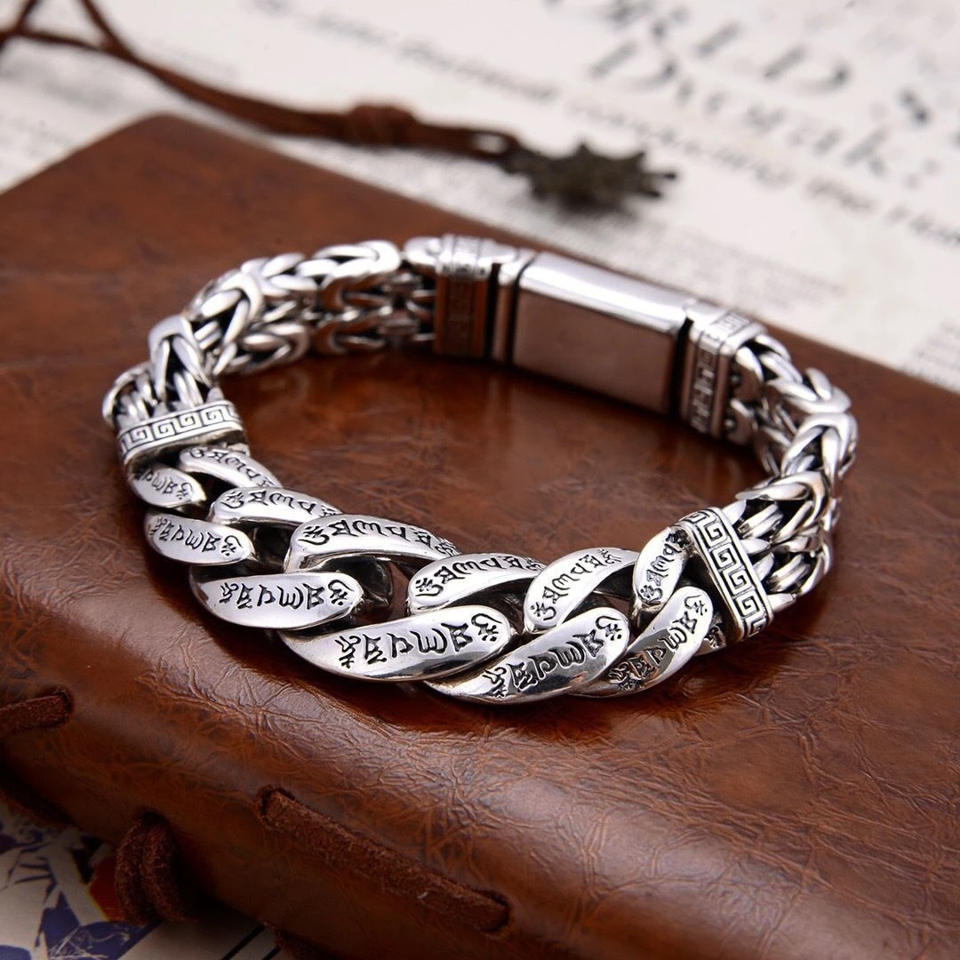 Metal Color: Rhodium Plated, Gem Color: Red, Ships From: CHINA, Length: 21cm - S925 Sterling Silver Personalized Men and Women Bracelets Six-Character Peace Pattern Cuban Chain Jewelry Exquisite Gift
