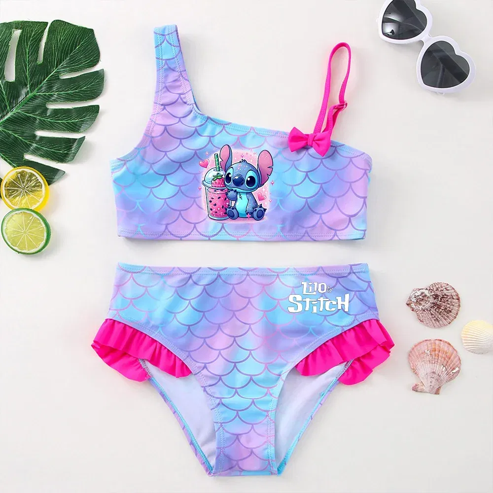 Color: green, Size: M - Lilo Stitch Girls Swimsuit One-Piece Bathing Suits Children's Dresses Summer Swimwear Beach Suit Kids Wear Fashion Mermaid Fish
