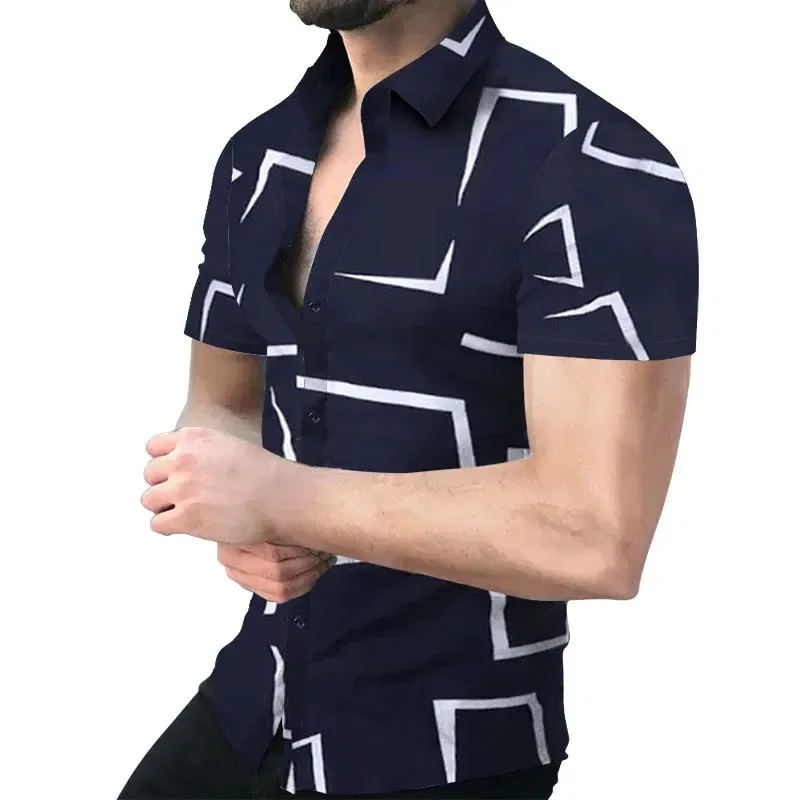 Color: Dark Grey, Size: XXXL - 3D Men's Striped Printed Short Sleeve Shirt, Fashionable And Casual Loose Shirt, 2023 New Style.