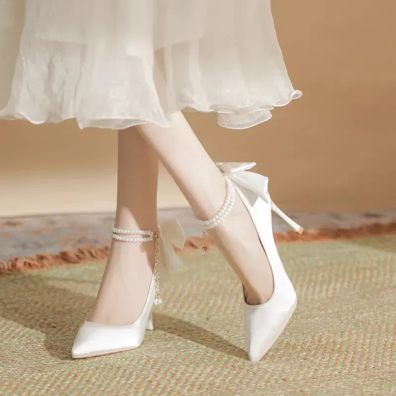 Color: black, Shoe Size: 39 - Size 35-40 Stiletto Heel Point Toe Pearls Buckle Belt 9cm High Heel Ladies Bow Satin Fabric White Wedding Shoes Women Pumps