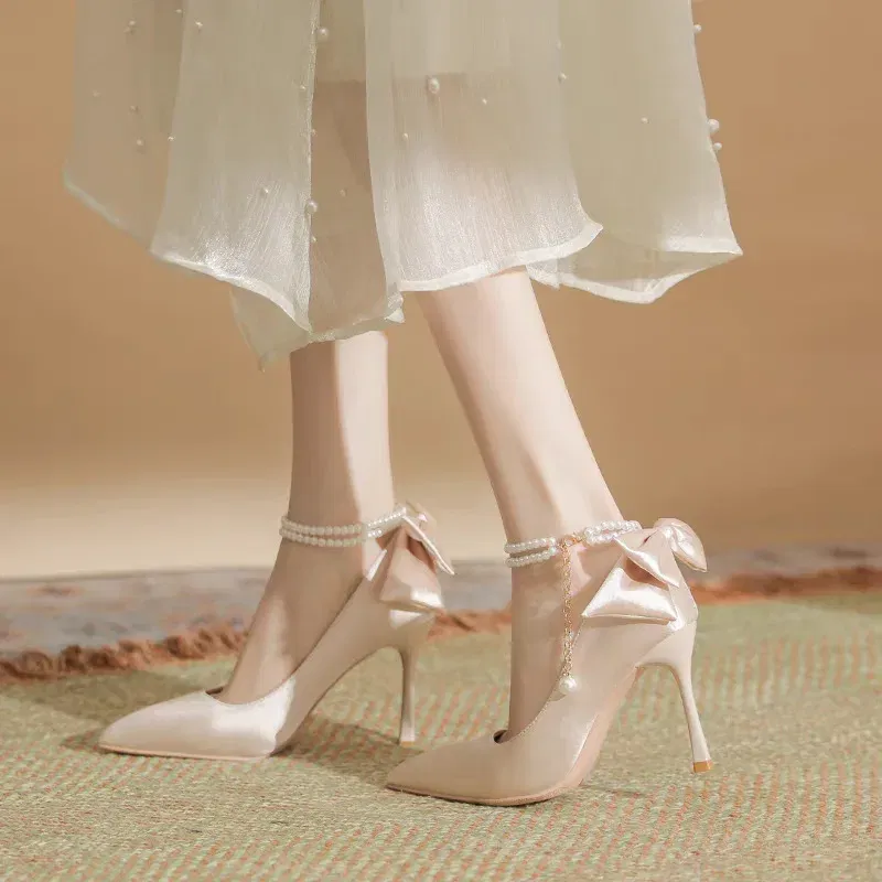 Color: black, Shoe Size: 39 - Size 35-40 Stiletto Heel Point Toe Pearls Buckle Belt 9cm High Heel Ladies Bow Satin Fabric White Wedding Shoes Women Pumps