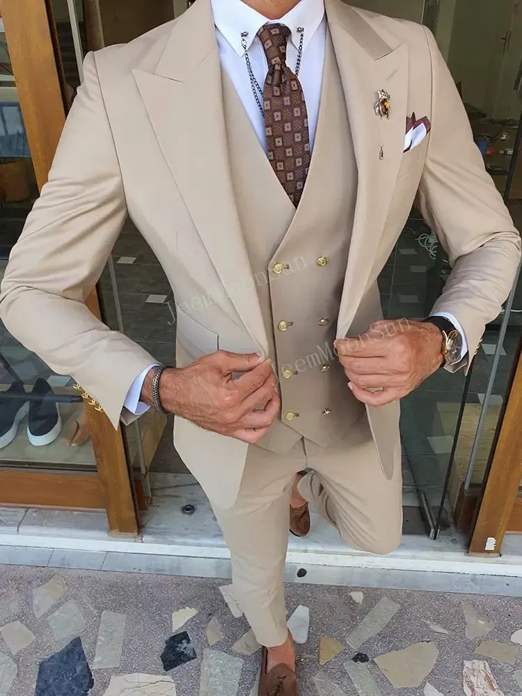 Color: Beige, Size: M, Ships From: CHINA - 3 Pieces New White Men's Suit 2022  Peak Lapel Slim Fit Casual Tuxedos Groom Tailor Made Terno Masculino (Blazer+Pants+Vest)