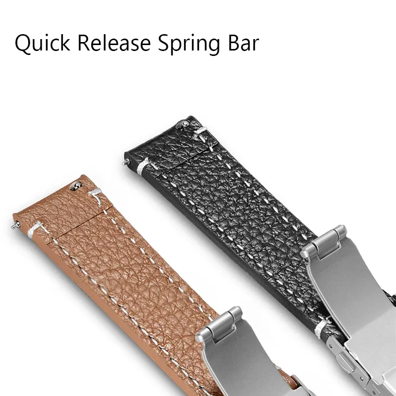Band Color: BLACK WHITE, Band Width: 25mm - Soft Genuine Leather Smart Watch Band 18 20 22 24mm Women Men Cowhide Strap Brown Black Quick Release Watchband Bracelet