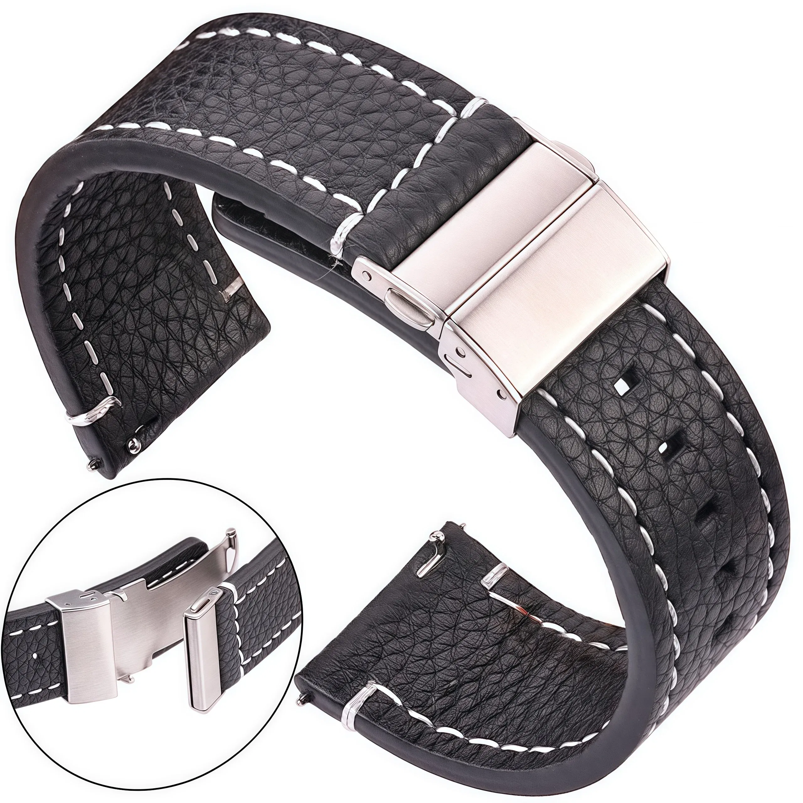 Band Color: BLACK WHITE, Band Width: 25mm - Soft Genuine Leather Smart Watch Band 18 20 22 24mm Women Men Cowhide Strap Brown Black Quick Release Watchband Bracelet