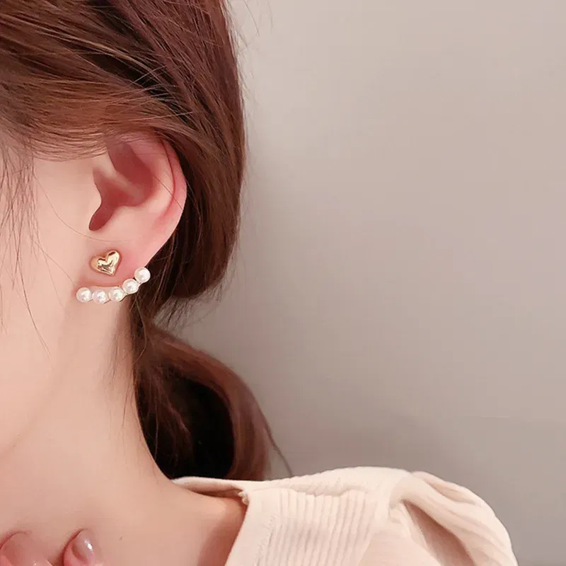 Metal Color: Light Yellow Gold Color - Imitation Pearl Stud Earrings For Women Alloy Heart Double Sides Back Post Hanging Ear Cuff Valentine's Day Jewelry Girl Gift