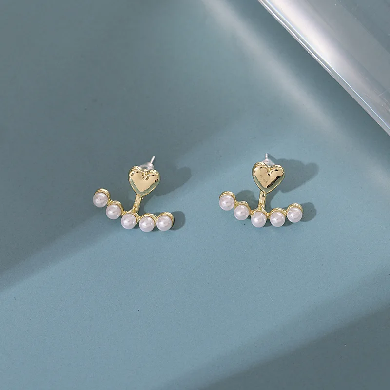Metal Color: Light Yellow Gold Color - Imitation Pearl Stud Earrings For Women Alloy Heart Double Sides Back Post Hanging Ear Cuff Valentine's Day Jewelry Girl Gift