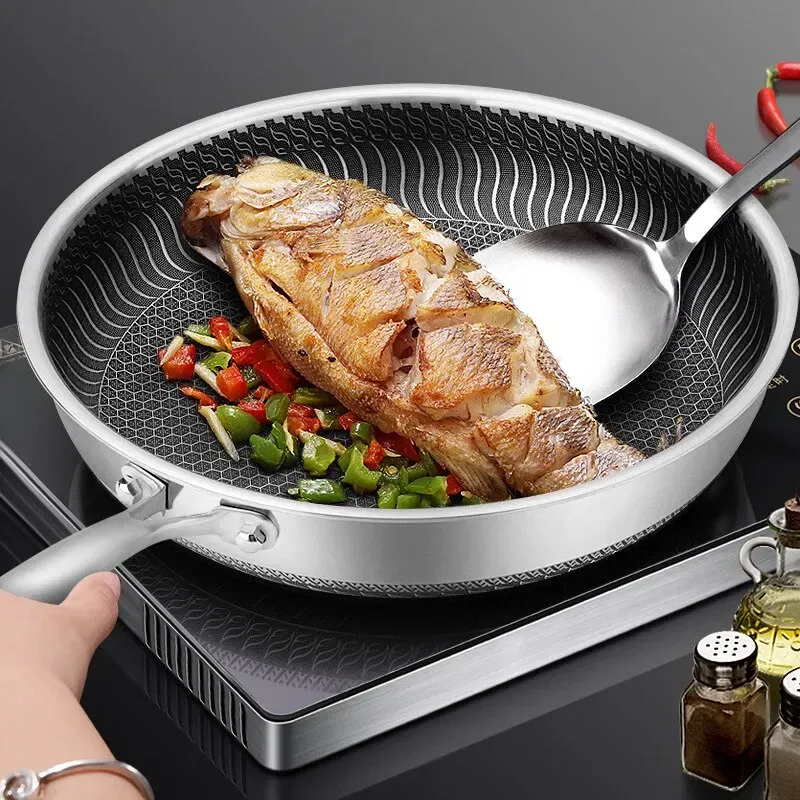 Sheet Size: 26cm-35cm, Color: Red - Whole Body Tri-Ply Stainless Steel Frying Pan 316 Stainless Steel Wok Pan Double-sided Honeycomb Skillet Suitable for All Stove