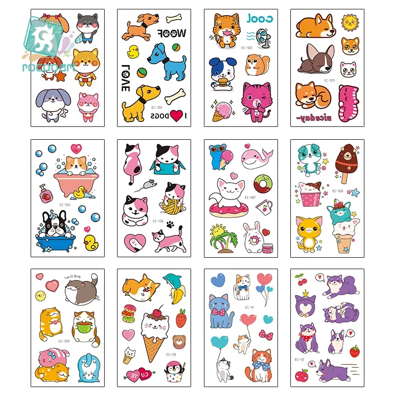 Color: black - Cartoon Animal Waterproof Temporary Tattoo Cute Pet Cats and Dogs Tattoo Stickers Children Boy Girl Fake Body Art Flash Tatoo