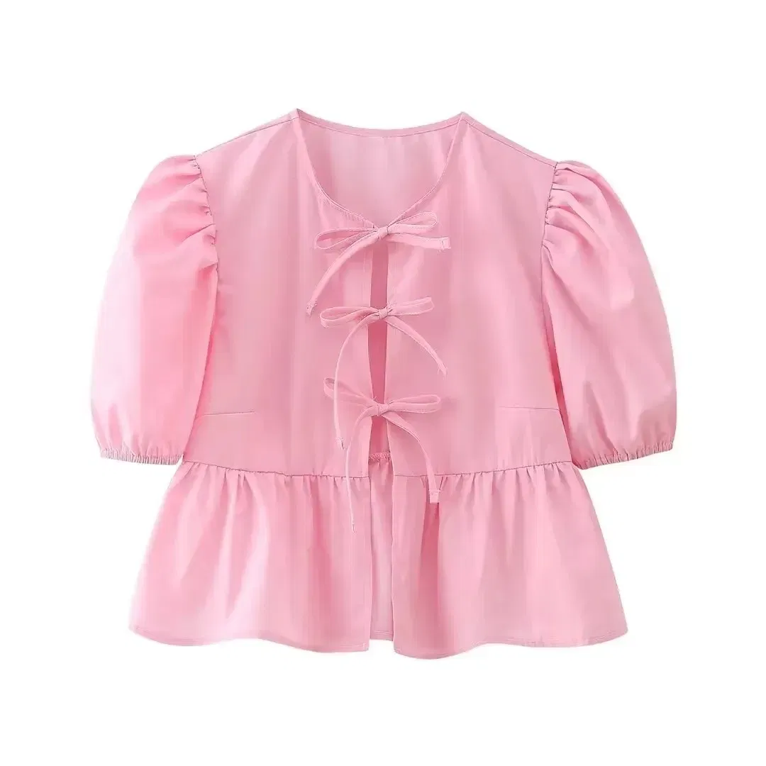 Color: WHITE, Size: S - HH Fashion Solid Hollow Out Shirt Women Causal O Neck Short Sleeved Lace Up Tops Chic Female Casual Blouse Streetwear 2024