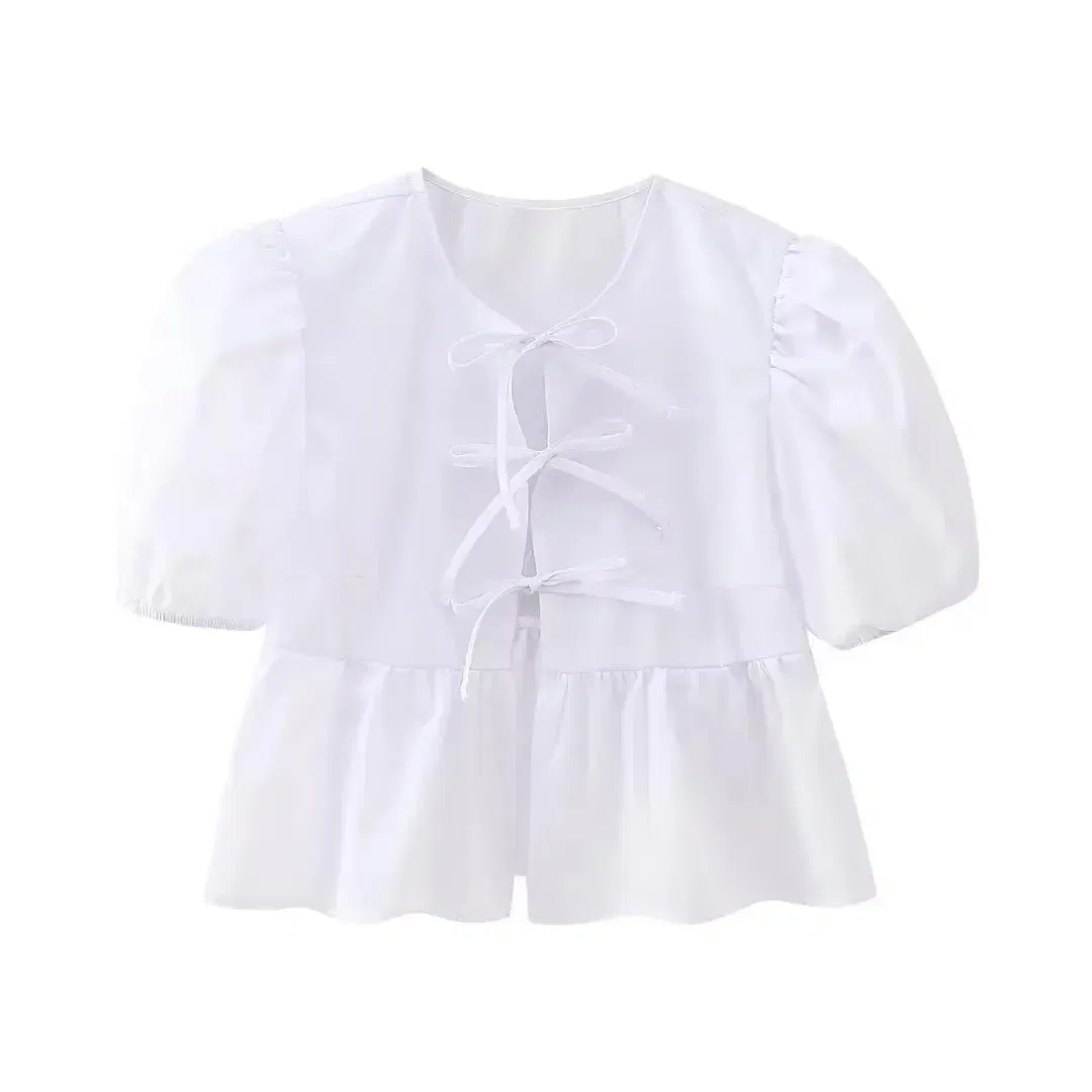 Color: WHITE, Size: S - HH Fashion Solid Hollow Out Shirt Women Causal O Neck Short Sleeved Lace Up Tops Chic Female Casual Blouse Streetwear 2024