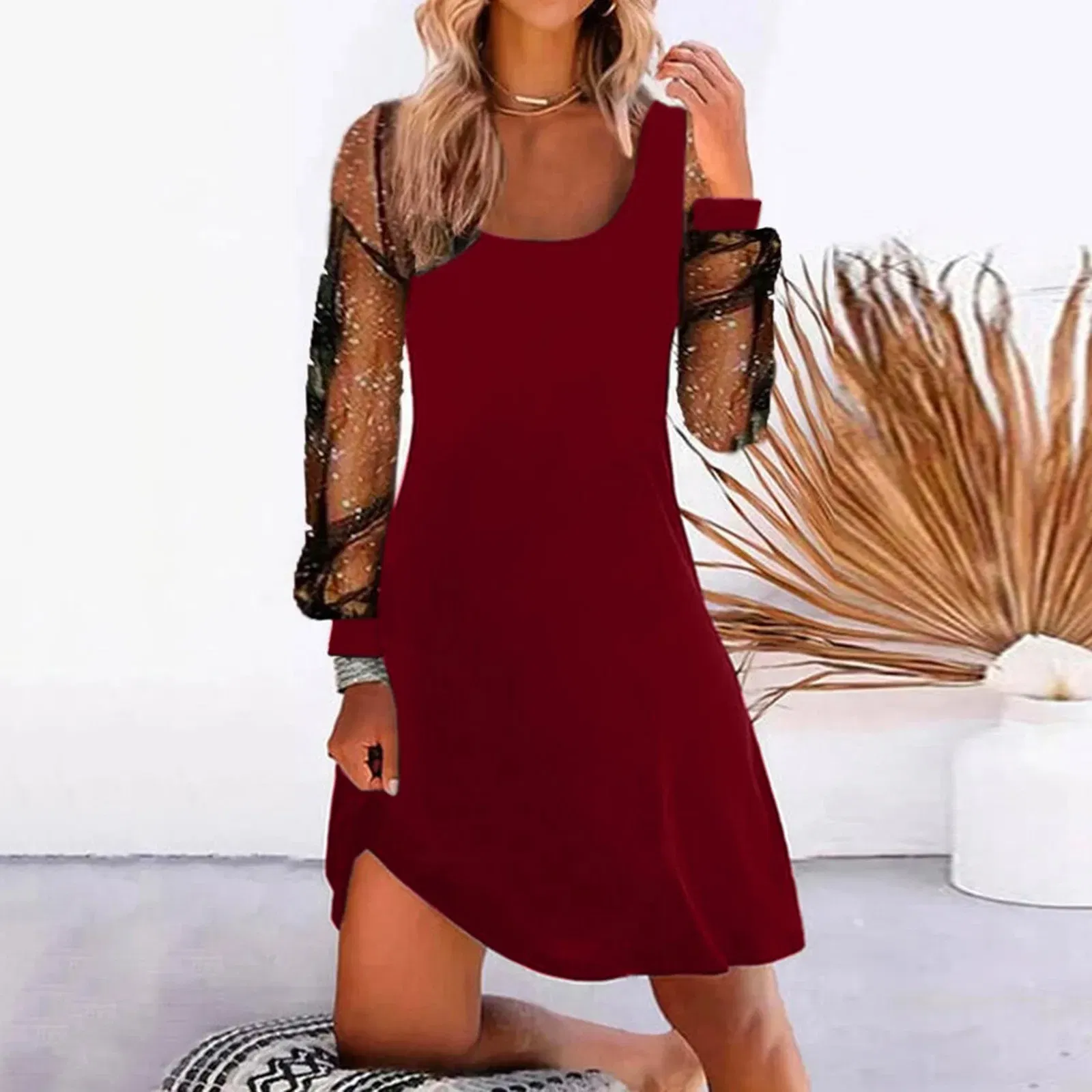 Color: black, Size: S, Ships From: CN - Women Dress See-through Mesh Patchwork U Neck Loose Shiny Sequin Long Sleeve Soft Irregular Hem Pullover Mini Dress Vestidos
