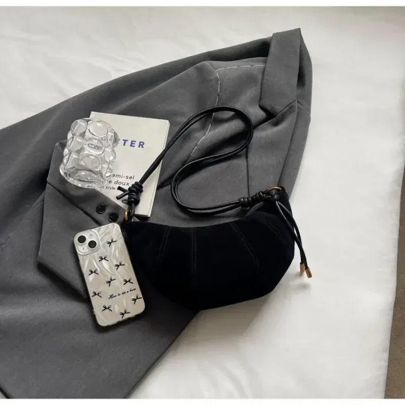Color: black - Velvet Material Zipper 2024 High Quality Shoulder Bag Solid Color Simple Fashionable Crossbody Bag Soft Western Style Handbag