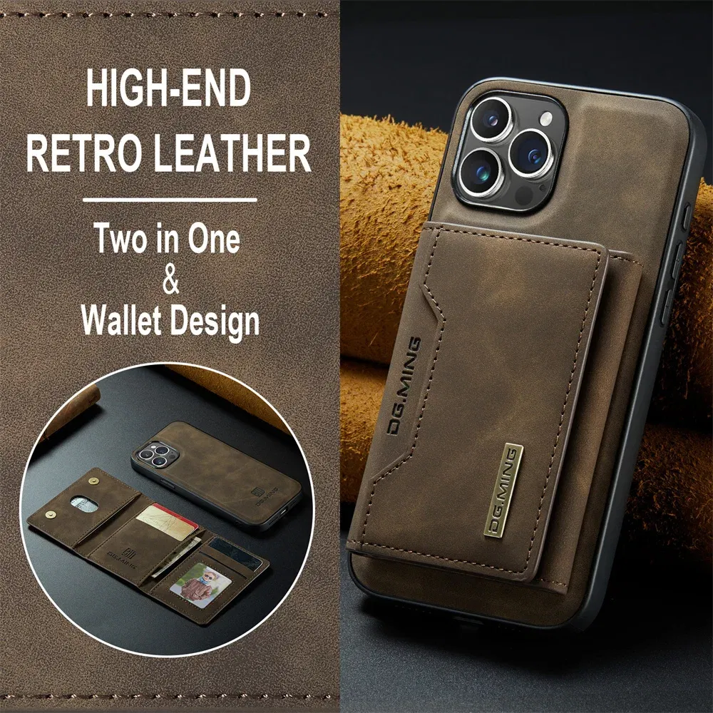 Color: Coffee, Material: aluminum - 2 In 1 Case For iPhone 16 15 14 13 12 11 Pro Max Plus XS Max XR 8 Plus SE 2022 Wallet Magnetic Leather Card Holder Pocket Cover
