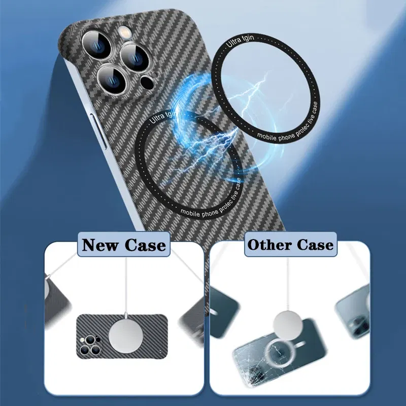Color: Salmon Pink, Material: POLYESTER - Luxury Carbon Fiber for iPhone 11 14 Plus 12 13 Pro Max Magsafe Case Magnetic Wireless Hard Thin Slim Cover for iPhone 13 14 Max