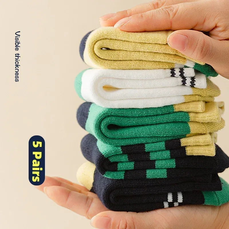 Color: Blue, Size: 10-12T - Children's Winter Socks 5 Pairs Student's Thick Cotton Socks Boys Warm Winter Socks Cartoon Racing Car Pattern