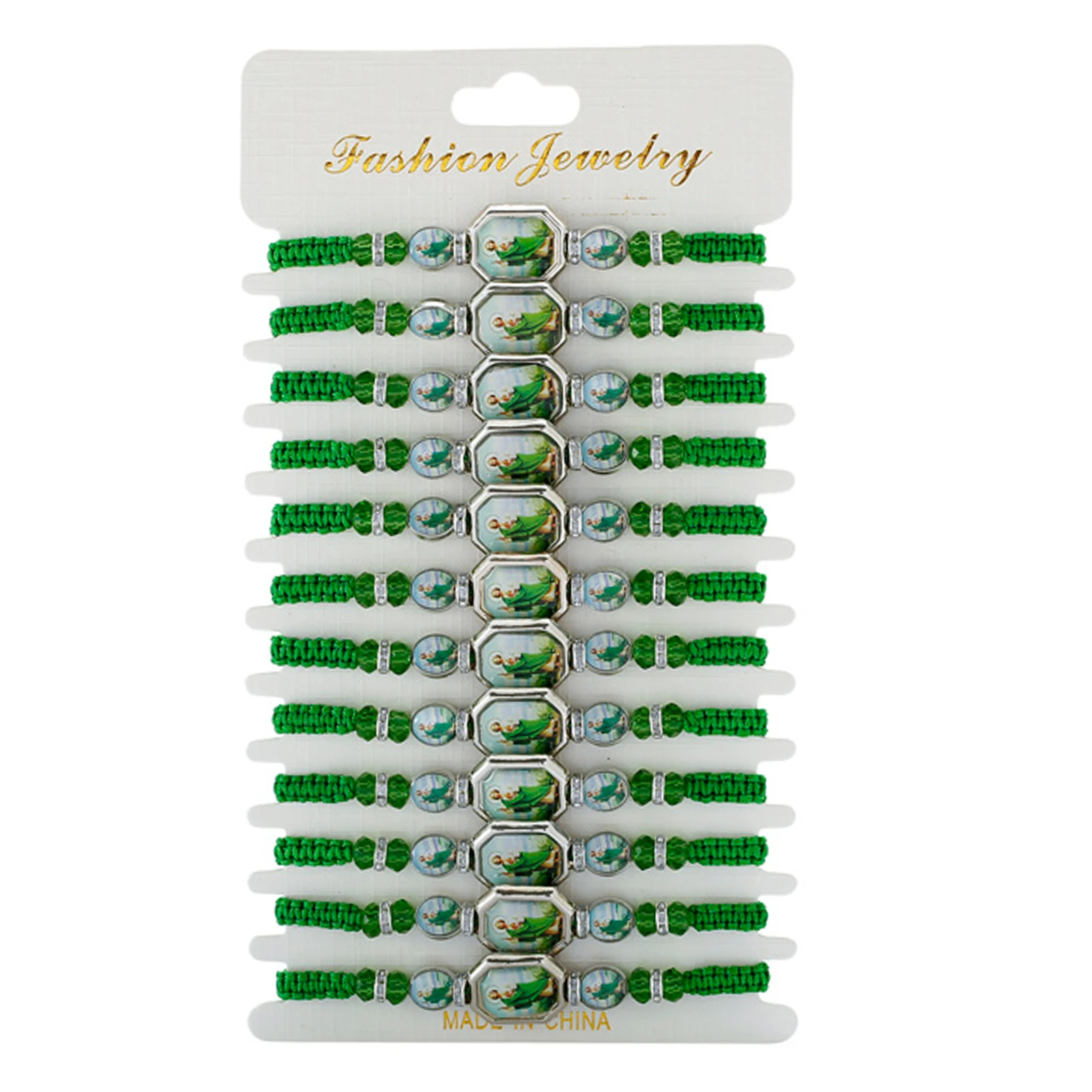 Metal Color: Silver Plated - 12 Pieces Mexican Bracelets Saint Jude Bracelet Catholic Green Handmade String Bracelets San Judas Tadeo Rosary Bracelet Gift