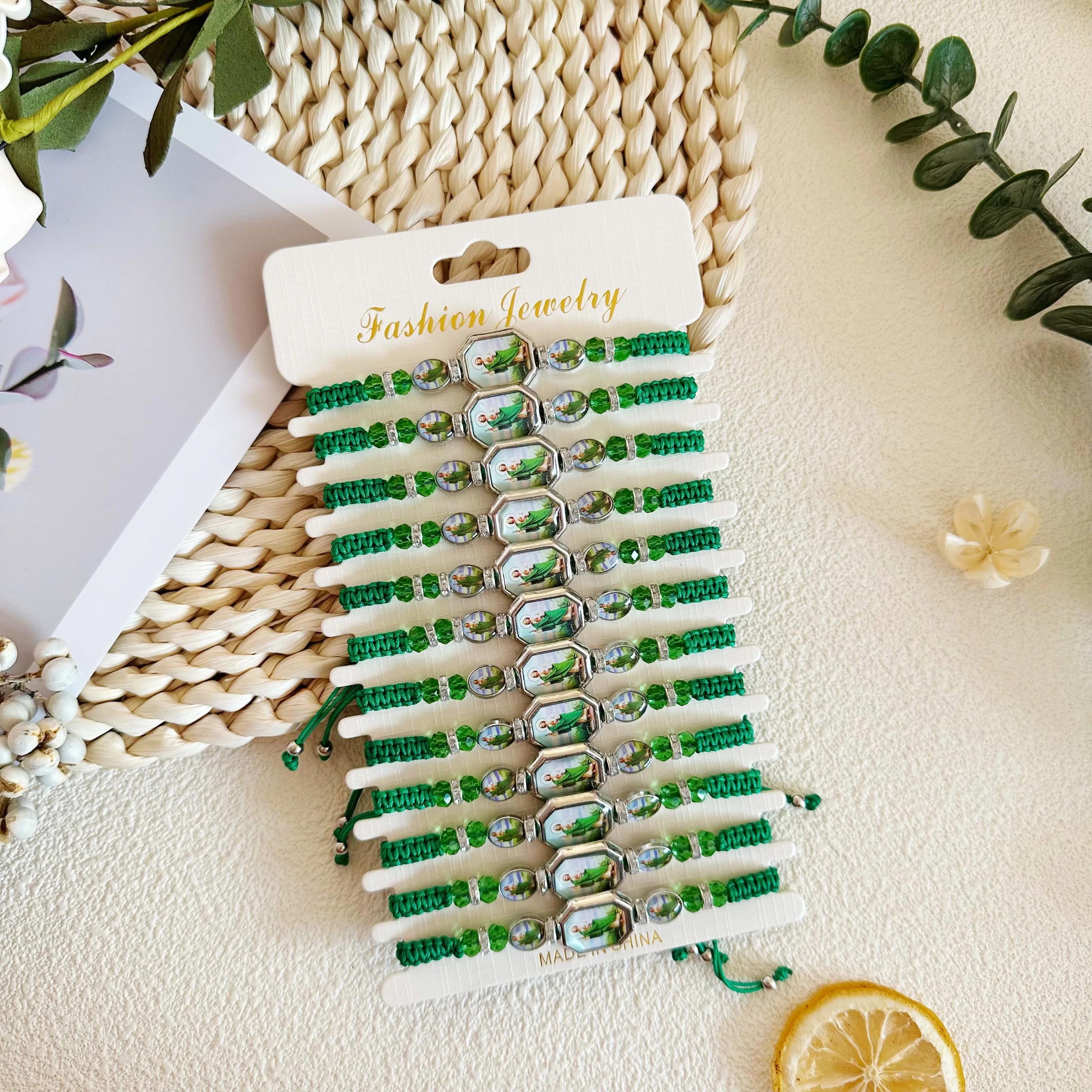 Metal Color: Silver Plated - 12 Pieces Mexican Bracelets Saint Jude Bracelet Catholic Green Handmade String Bracelets San Judas Tadeo Rosary Bracelet Gift
