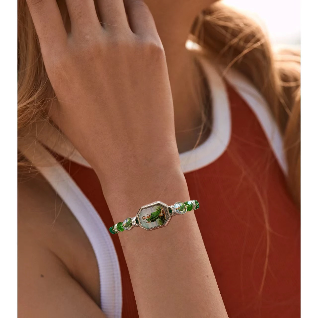 Metal Color: Silver Plated - 12 Pieces Mexican Bracelets Saint Jude Bracelet Catholic Green Handmade String Bracelets San Judas Tadeo Rosary Bracelet Gift