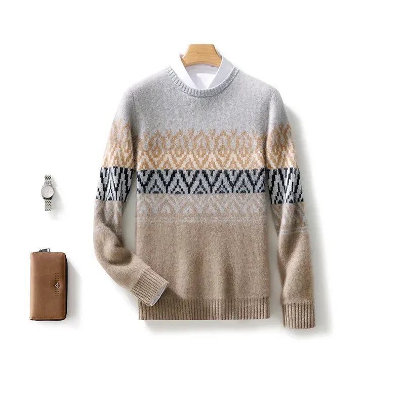 Color: Champagne, Size: S - 100% Pure Wool Pullover Sweater Men's Round Neck Knitted Sweater Autumn Winter Thick Warm Ethnic Style Men's Clothing