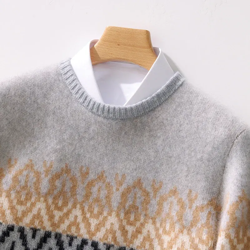 Color: Champagne, Size: S - 100% Pure Wool Pullover Sweater Men's Round Neck Knitted Sweater Autumn Winter Thick Warm Ethnic Style Men's Clothing