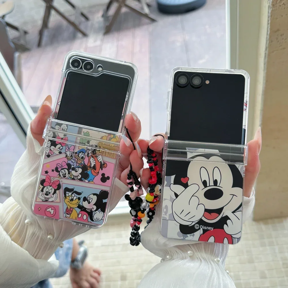 Material: Leather, Color: Clear - Cute Cartoon Disney Mickey Minnie Mouse Phone Case For Samsung Galaxy Z Flip 7 6 5 4 3 Stand Holder Case Hard Cover With Lanyard