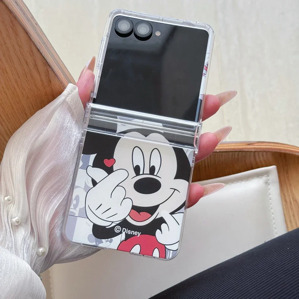 Material: Leather, Color: Clear - Cute Cartoon Disney Mickey Minnie Mouse Phone Case For Samsung Galaxy Z Flip 7 6 5 4 3 Stand Holder Case Hard Cover With Lanyard
