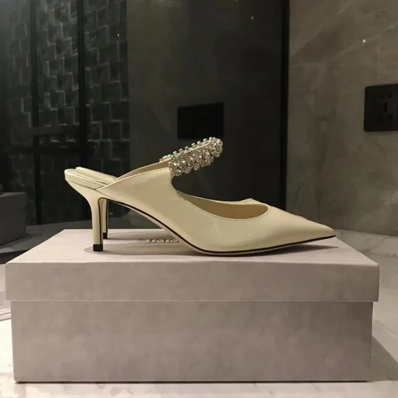 Color: WHITE, Shoe Size: 40, Ships From: CHINA - Elegant Leather Mules Pointed Toe Stylish Rhinestone Embellished High Heel Sandals Sophisticated Party Evening Shoes Footwear