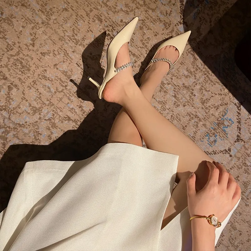 Color: WHITE, Shoe Size: 40, Ships From: CHINA - Elegant Leather Mules Pointed Toe Stylish Rhinestone Embellished High Heel Sandals Sophisticated Party Evening Shoes Footwear