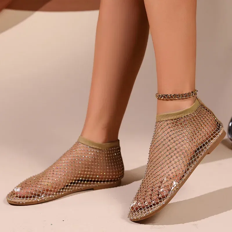 Color: Gold, Shoe Size: 37 - Women Summer New Fashion Mesh Luxurious Rhinestone Designer Simple Solid Color Sandals Daily Versatile Round Toe Womens Sandal