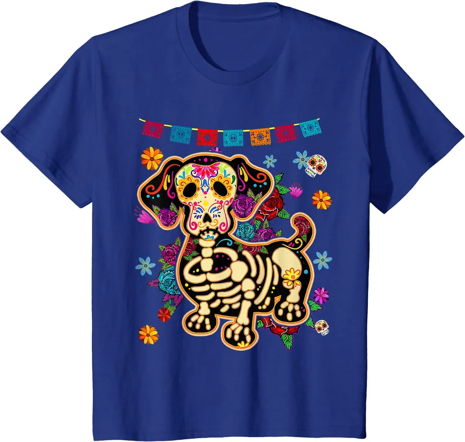Color: Brown, Size: 5XL - Sugar Skull Mexican Dachshund Bone Halloween Day of Dead T-Shirt Casual Cotton Four Seasons Graphic T Shirts Funny T Shirts