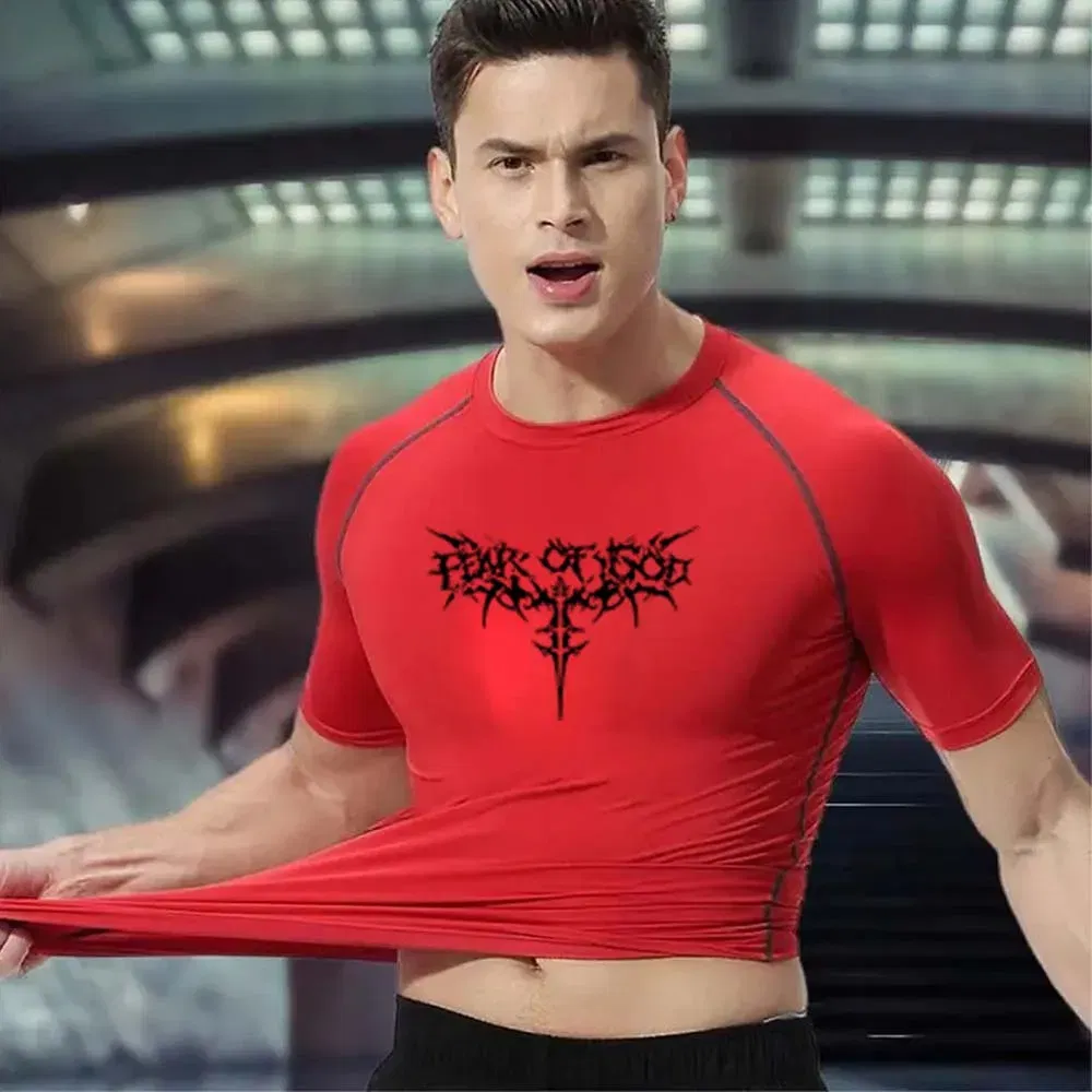 Color: Gold, Size: M - Men's Compression Shirt Anime Print Gym Sport Quick Dry Gym TShirts Fitness Athletic Undershirts Elasticity Tops Tee Summer Male