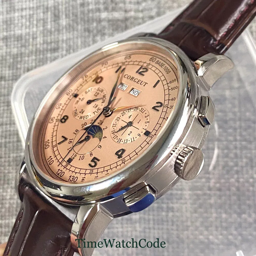 Color: khaki - Corgeut 42mm Automatic Men's Watch Date Day Month Year Rose Gold Dial Multifunction 316L Leather Strap Polished Case Day Night