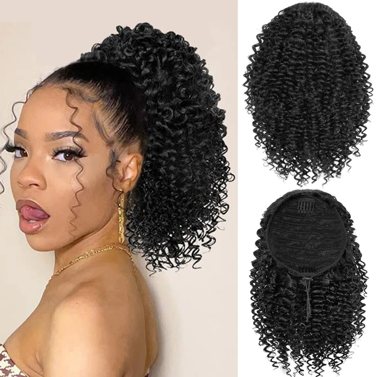 Color: T1B/613 - Synthetic Drawstring Curly Ponytail Extension for African Women Short Afro Kinky Ponytail Extension